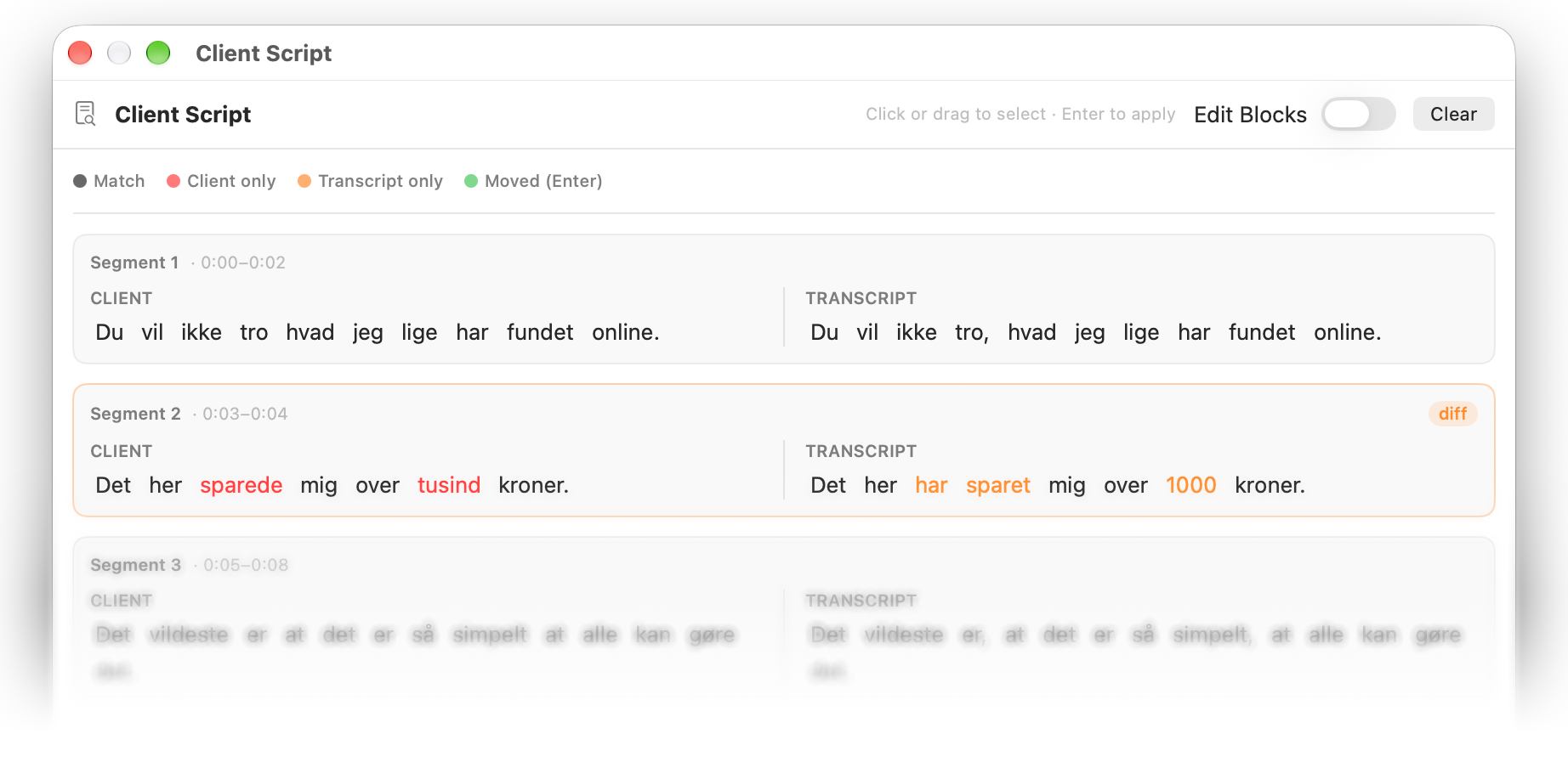 MagiaCap — client script vs transcript diff with color-coded differences per segment